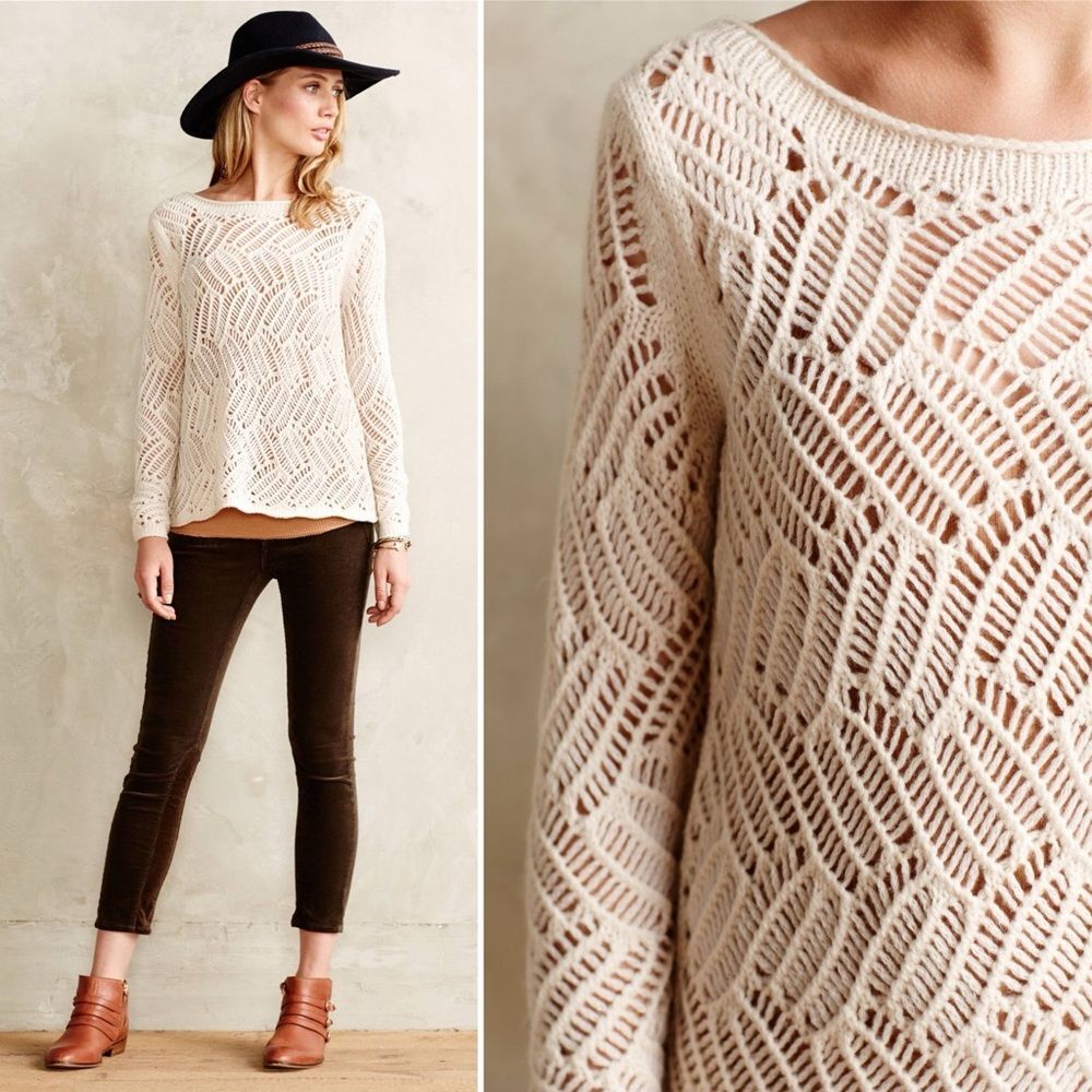 Merino Wool Blend Angel Of The North Open Weave Knit Sweater Cream L